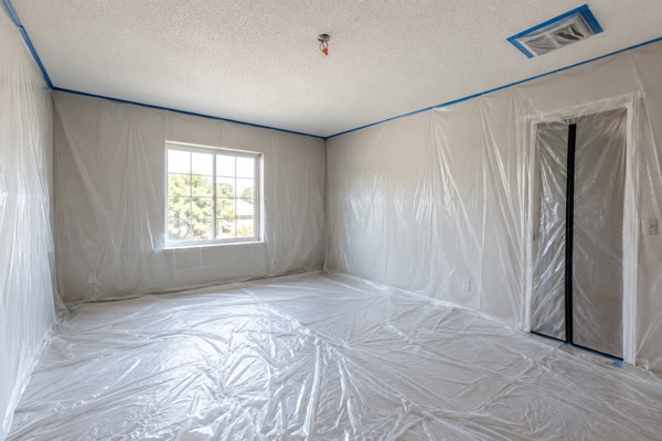 Empty bedroom sealed in plastic with a zipper door and a taped-over ceiling vent