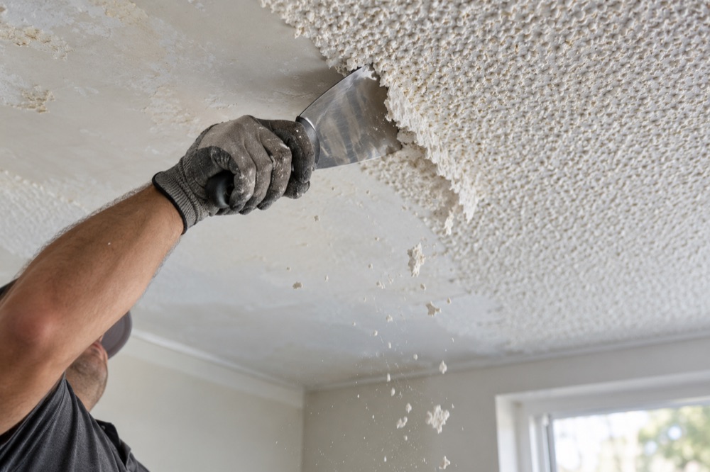 Gloved hand lifting a sheet of damp popcorn texture off the ceiling with a wide blade