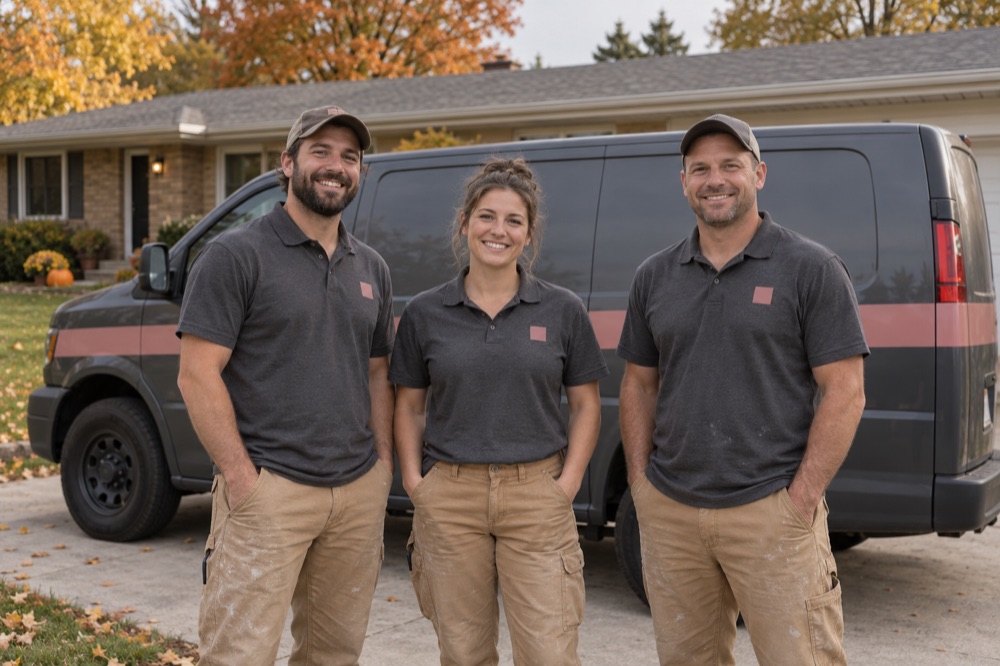 Three smiling crew members in matching charcoal polos standing in front of their work van