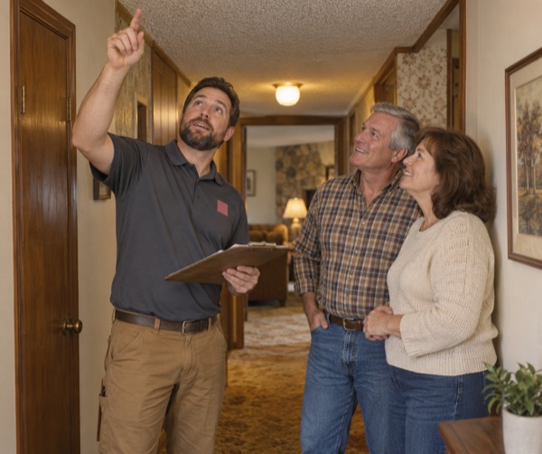 Crew member with a clipboard pointing at a popcorn hallway ceiling while talking with homeowners