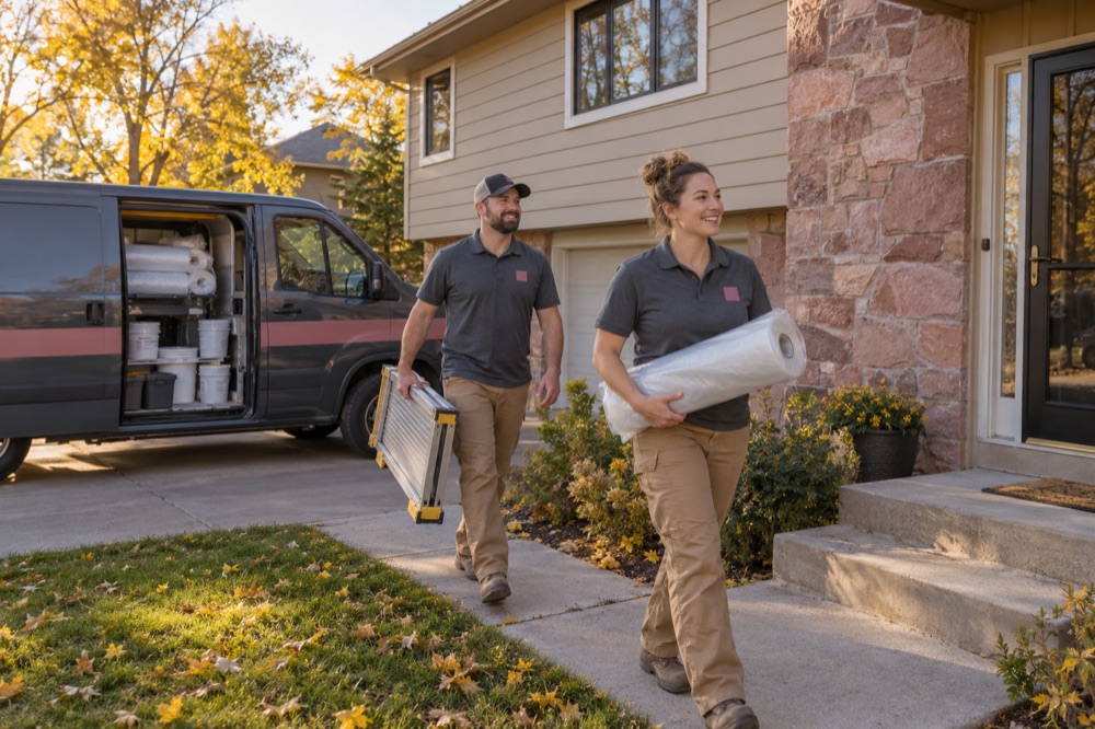 Crew carrying a work platform and plastic sheeting from a charcoal van to a split-level house with quartzite stone