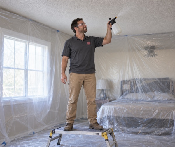 Crew member misting a popcorn ceiling with a pump sprayer in a bedroom wrapped in plastic