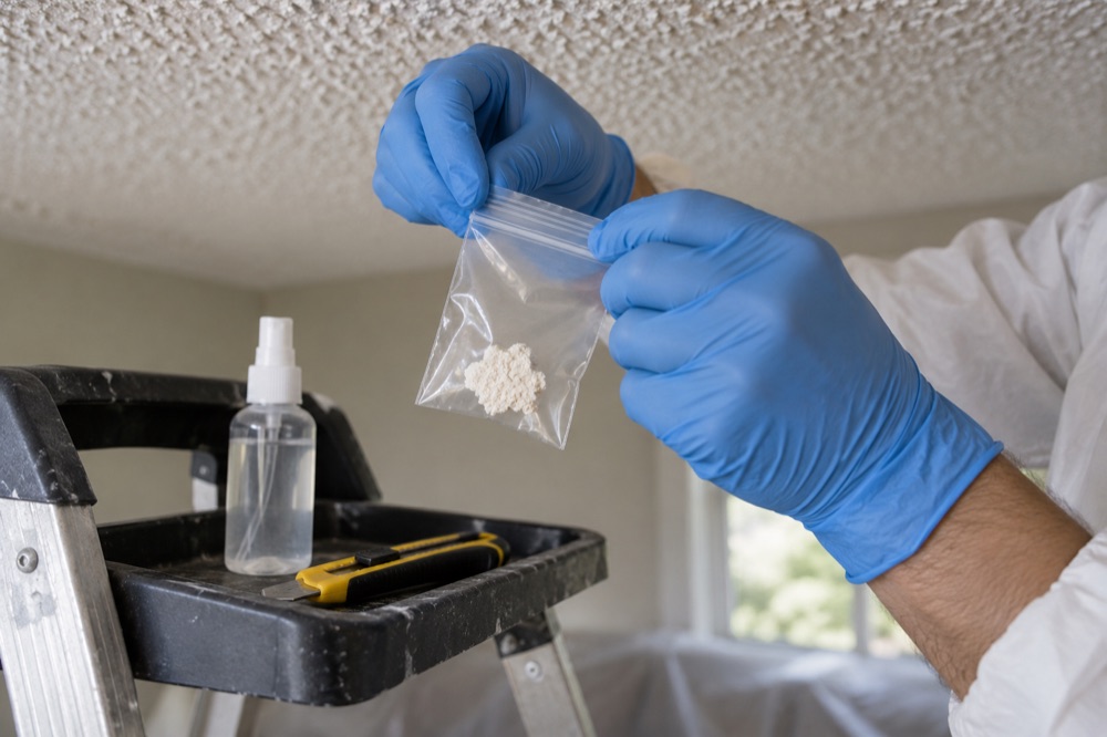 Gloved hands sealing a small popcorn ceiling sample in a clear bag for the lab