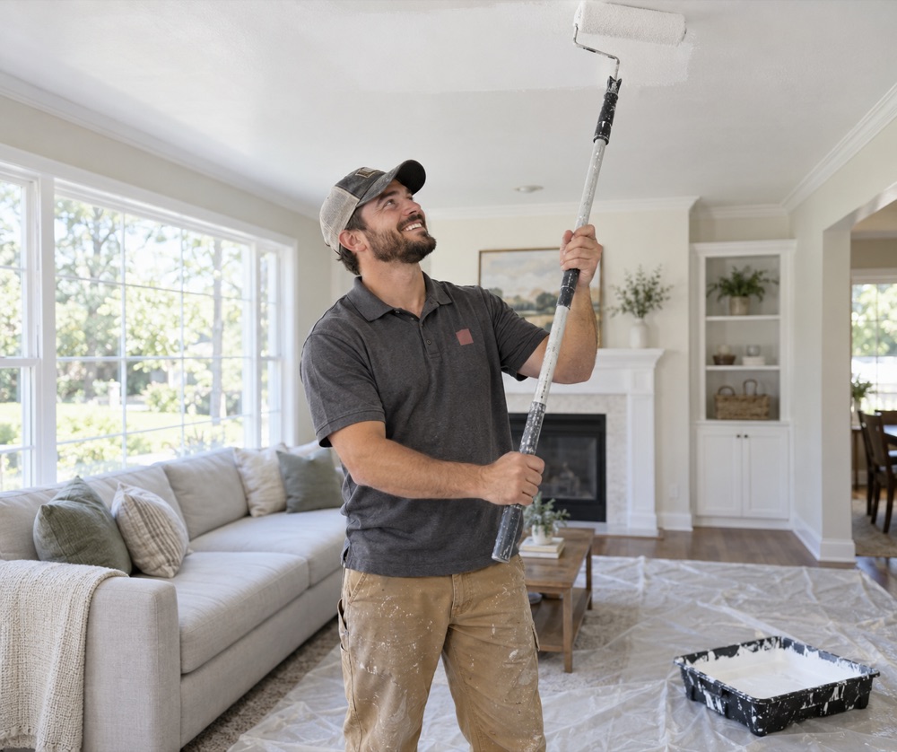 Smiling painter rolling flat white paint on a smooth living room ceiling