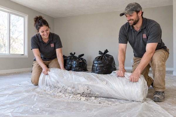 Two smiling crew members rolling up plastic sheeting full of scraped popcorn debris