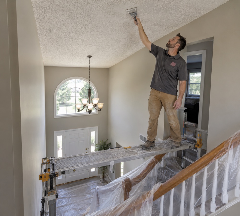 Crew member on a platform over a split-foyer stairwell scraping the high ceiling