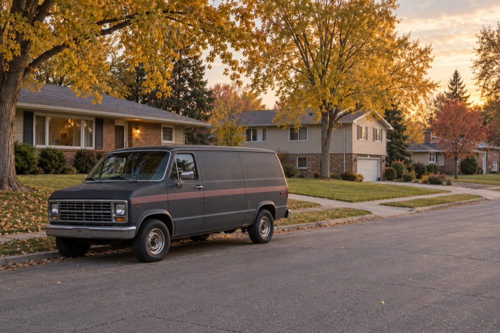 Autumn street of 1960s and 1970s ranch and split-level homes with the crew van at the curb