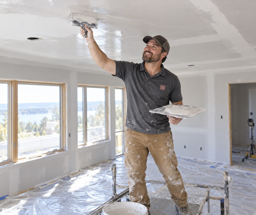 Smiling drywall finisher skim coating a ceiling with a wide knife