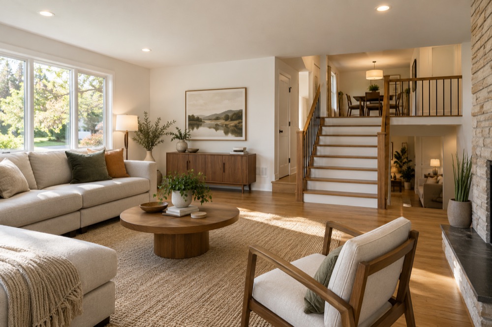 Bright split-level living room with a smooth, flat white ceiling and recessed lights